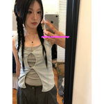 eihey诶嘿夏季假两件挂脖吊带背心女扭结镂空开叉设计无袖上衣女