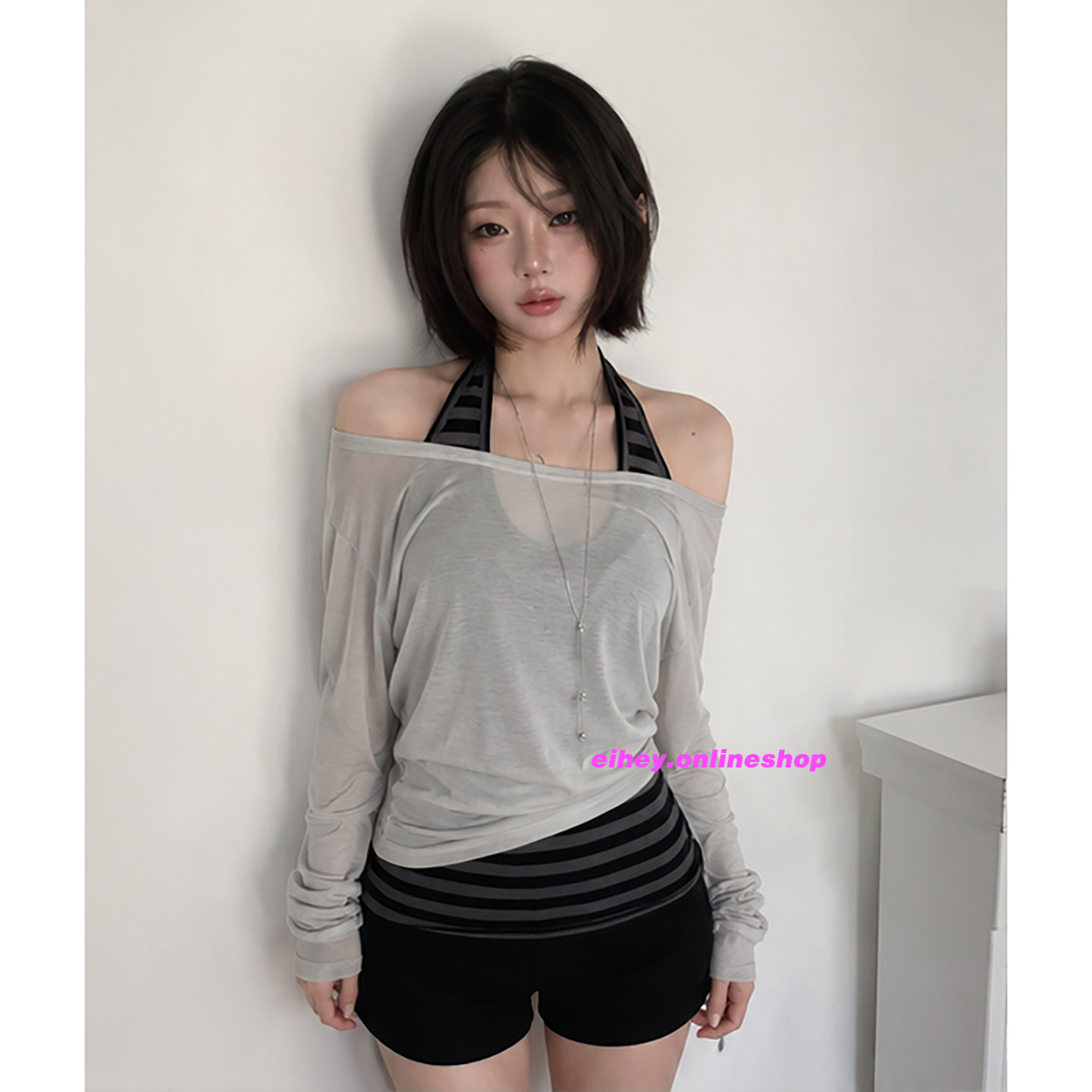 eihey诶嘿26年新款可叠穿修身显瘦罩衫挂脖上衣条纹吊带女两件套图片