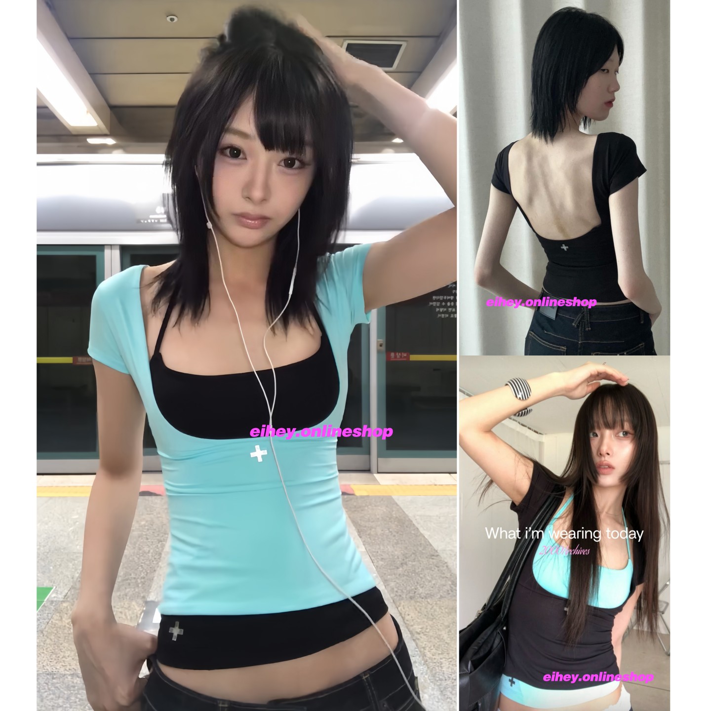 eihey诶嘿夏日撞色修身U领短袖韩系辣妹吊带上衣女两件套正反两穿图片