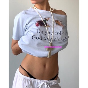 T恤百搭上衣女 图案印花切边斜领露肩宽松短袖 eihey诶嘿25夏季 新款