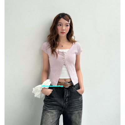 eihey诶嘿小众个性开叉爱心纽扣宽松短袖小开衫夏季别致短外套女