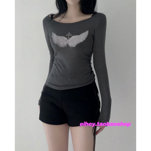 eihey诶嘿25秋季十字架天使翅膀印花长袖打底衫内搭显瘦T恤上衣女
