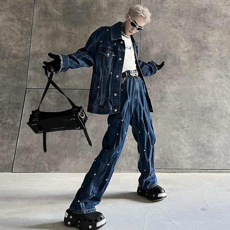 牧羊帅秋季设计感铆钉宽松牛仔衣男士夹克外套发型师直筒牛仔裤潮