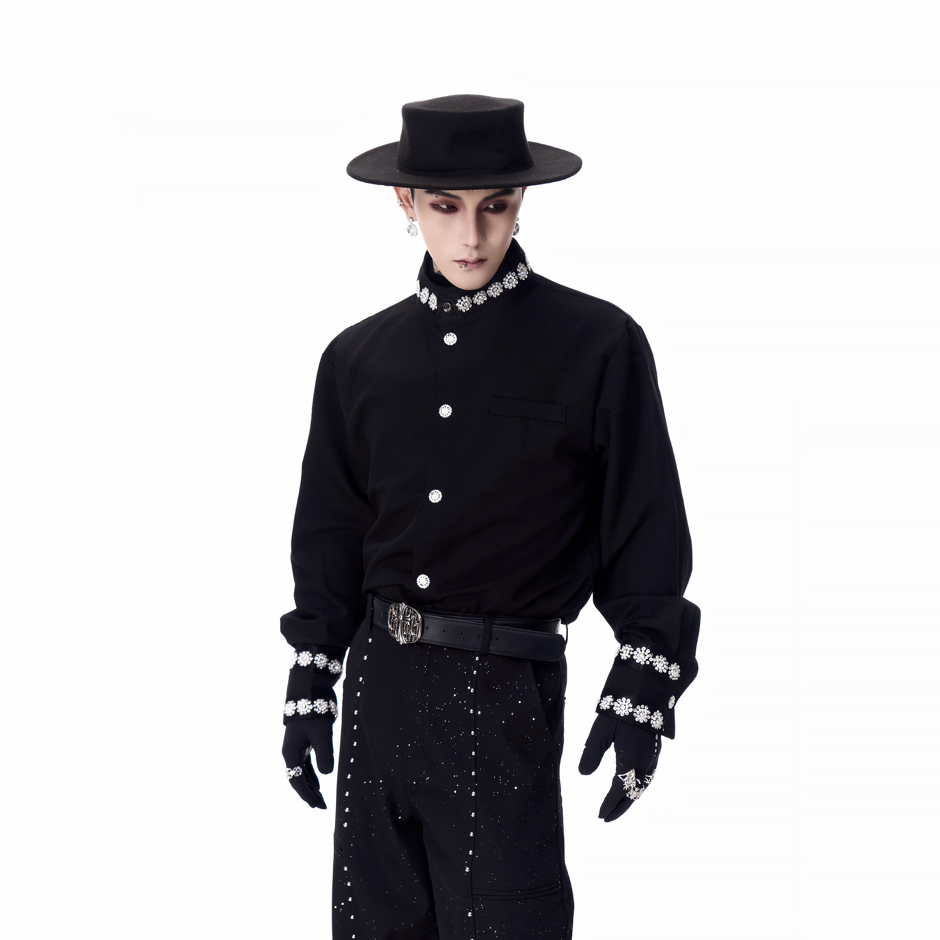 牧羊帅 高定雪花钉珠中式立领垫肩长袖衬衫男模轻奢免烫打底衬衣,男装,衬衫,淘宝优惠券,粉丝福利购,淘宝优惠卷