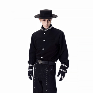 牧羊帅 高定雪花钉珠中式立领垫肩长袖衬衫男模轻奢免烫打底衬衣