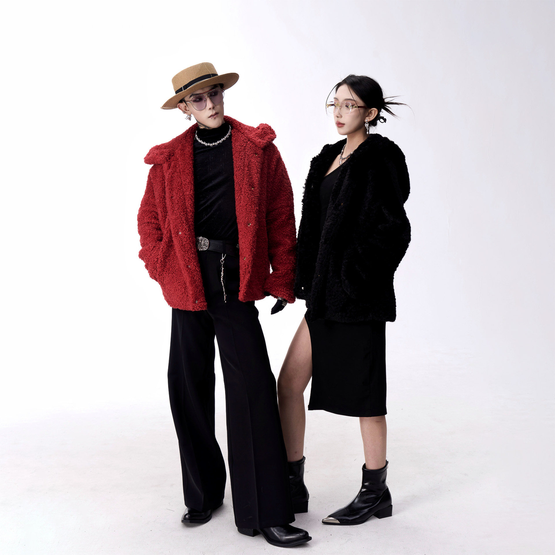 牧羊帅 冬季保暖羊羔绒毛毛连帽棉服外套男女红色跨年小香风外套