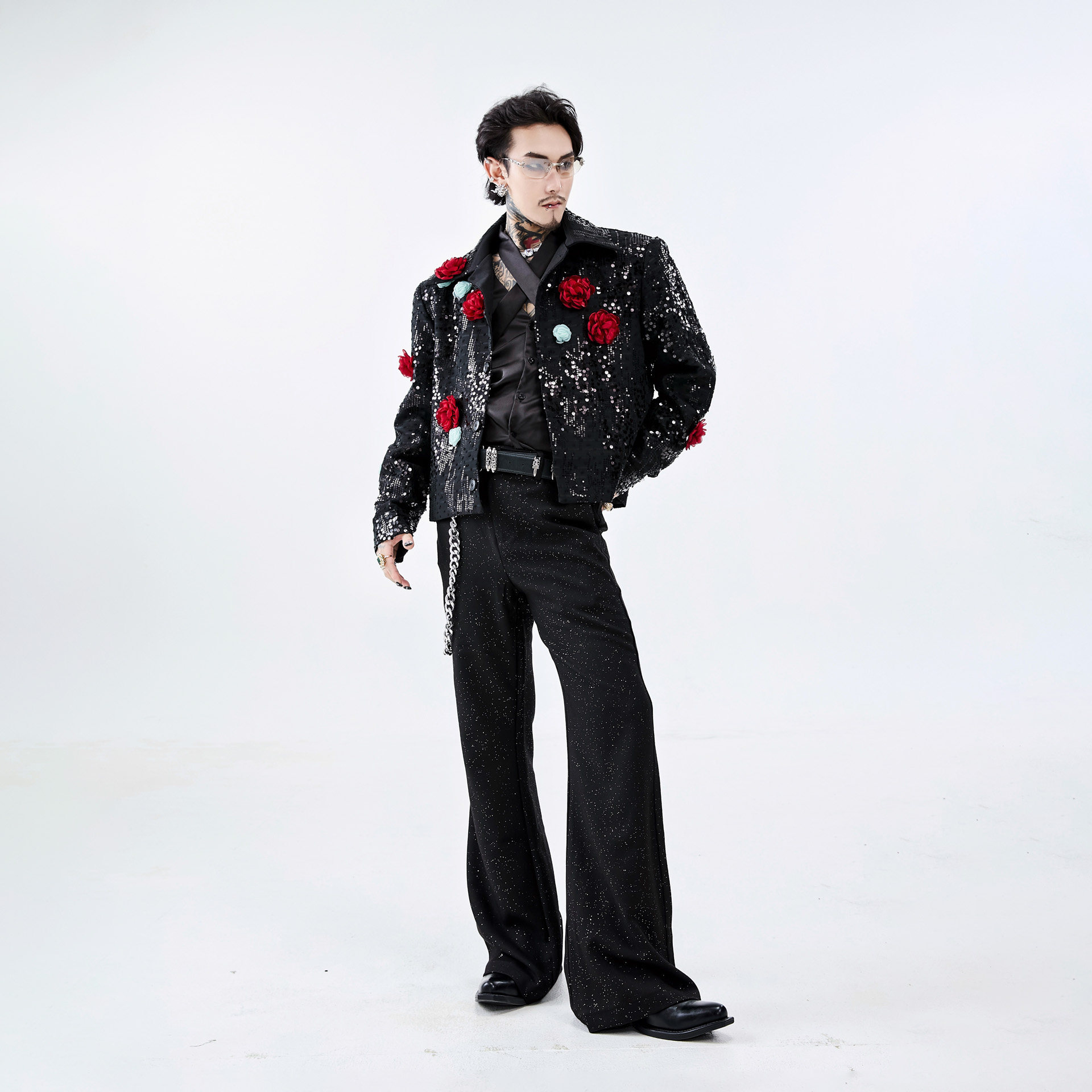 牧羊帅高定秀场立体浮雕花朵垫肩夹克外套男团亮片艺演舞台装上衣