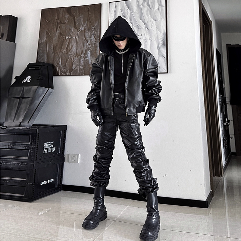 牧羊帅短款连帽短款飞行服皮衣