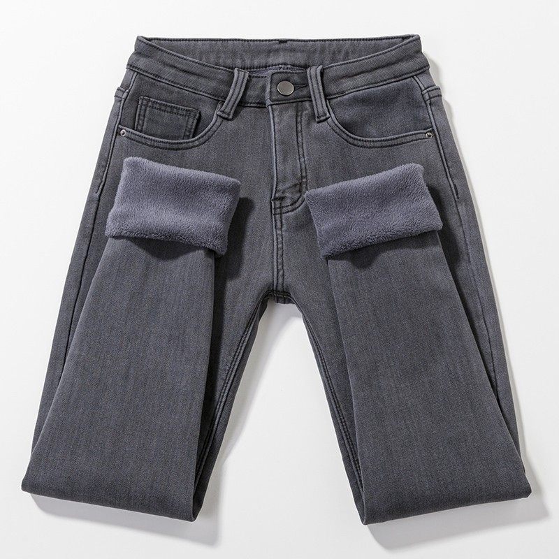 SMOKY GRAY PLUS VELVET JEANS WOMENS SMALL FEET PENCIL PANTS KOREAN VERSION OF HIGH WAIST WINTER WARMTH THICK STRETCH TIGHT TROUSERS
