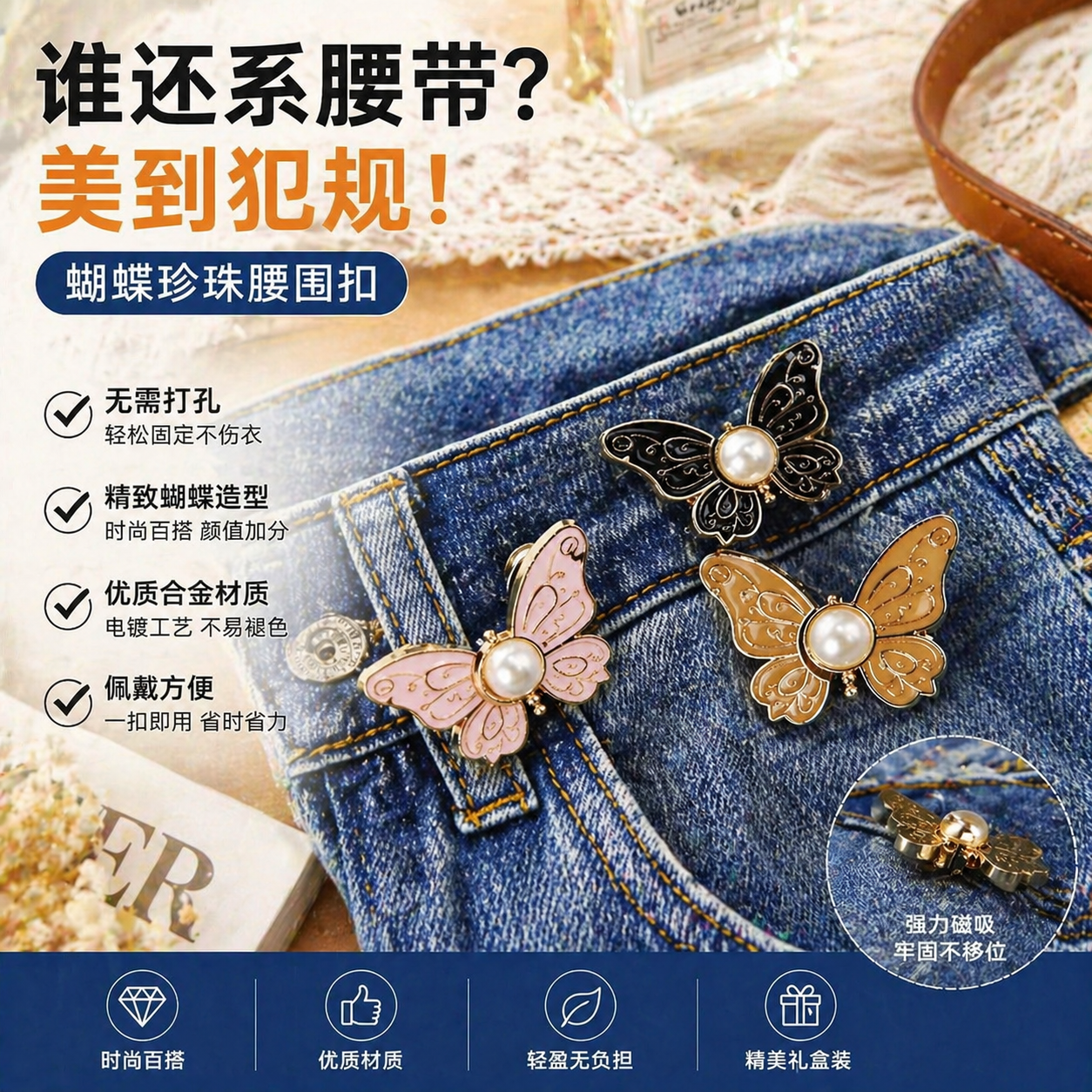 蝴蝶裤腰收紧牛仔裤收腰好物纽扣固定扣子裤子腰大调节腰改小别针