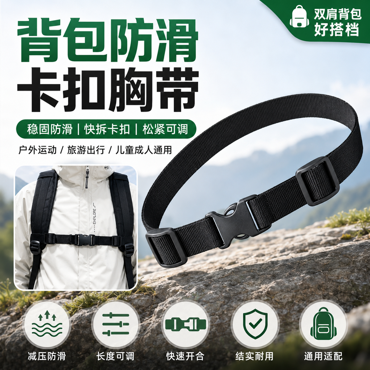 户外双肩背包防滑胸带卡扣固定儿童成人绑带新款书包配件实用设计