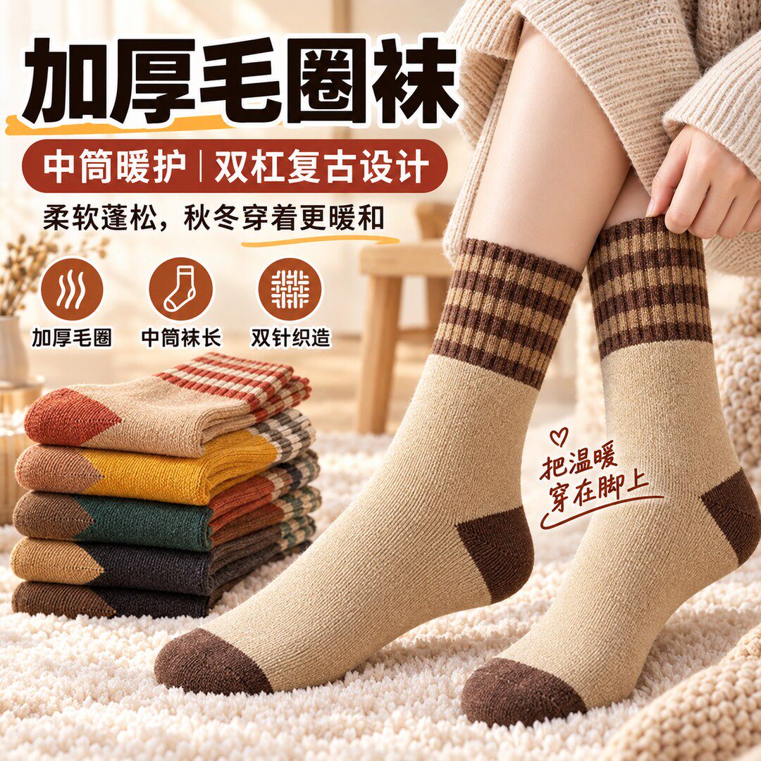 东北秋冬中筒袜加绒加厚保暖拼色毛巾地板袜休闲罗口横杠毛圈袜