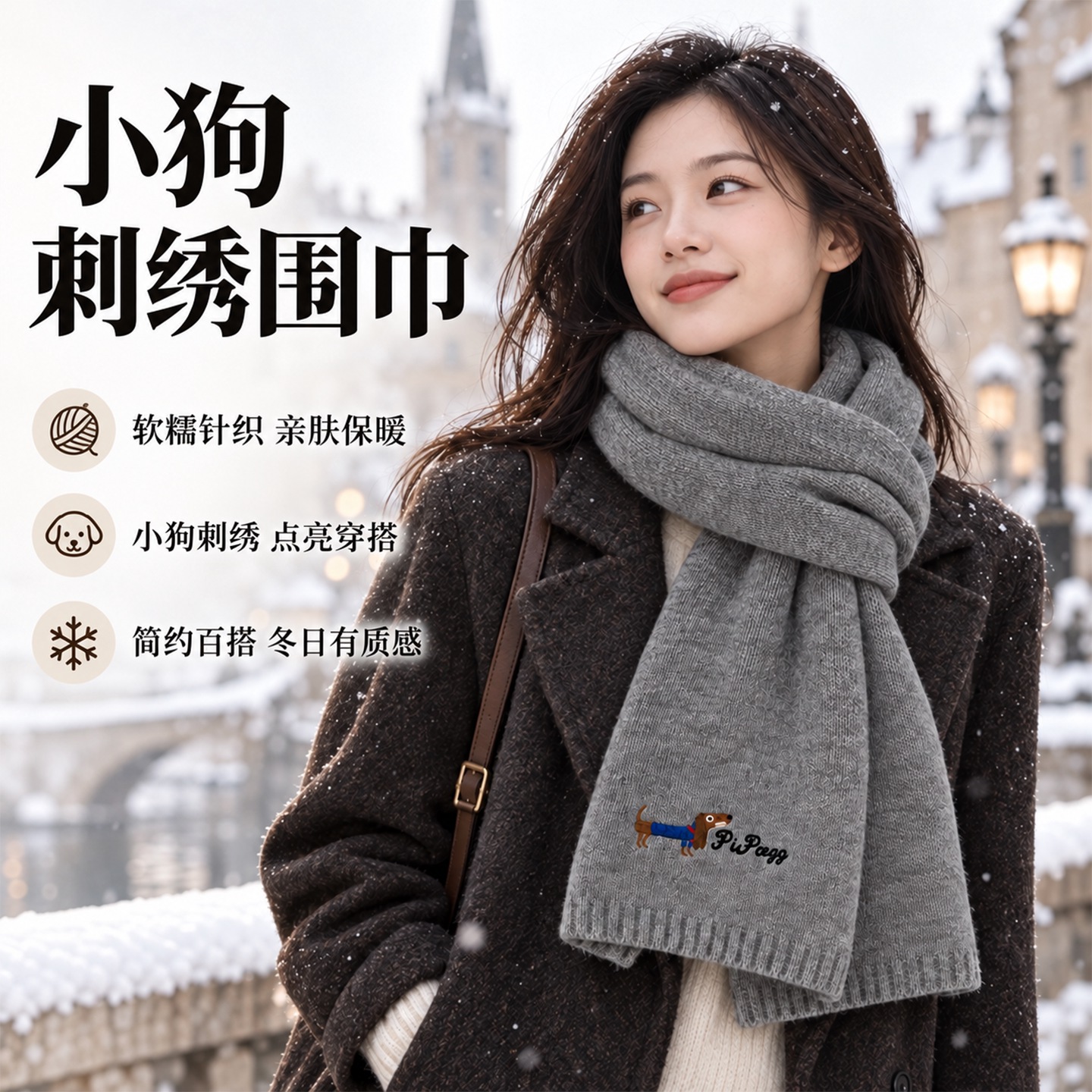 韩系氛围感小狗刺绣含羊绒围巾