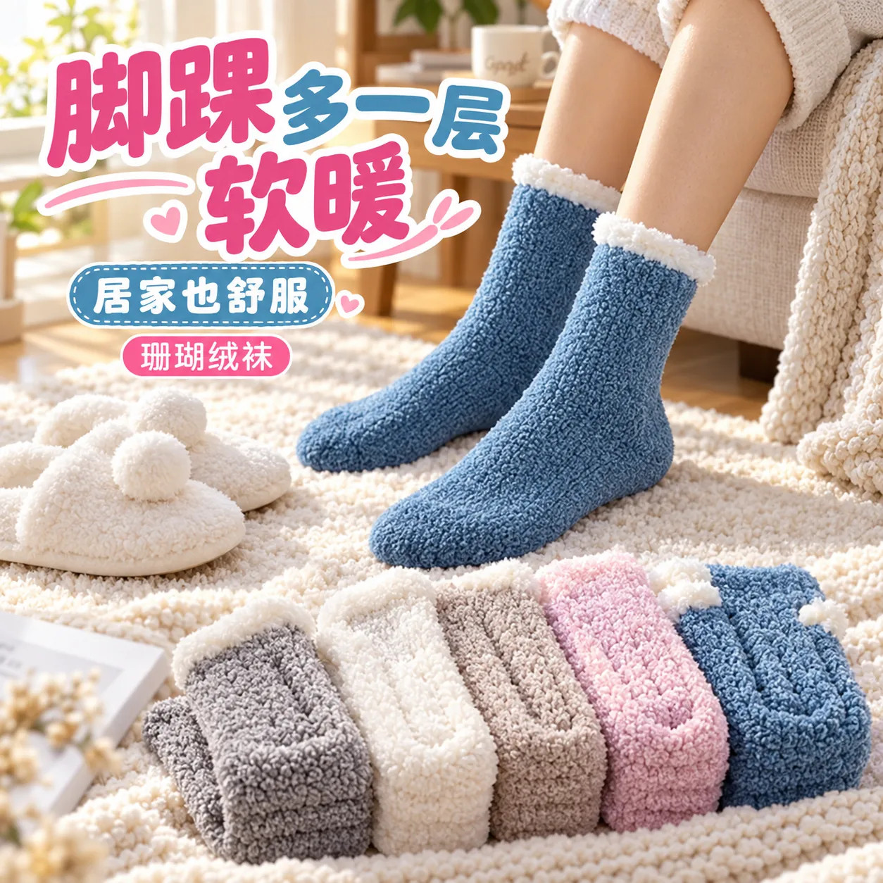 珊瑚绒袜子女冬季中筒袜加绒加厚