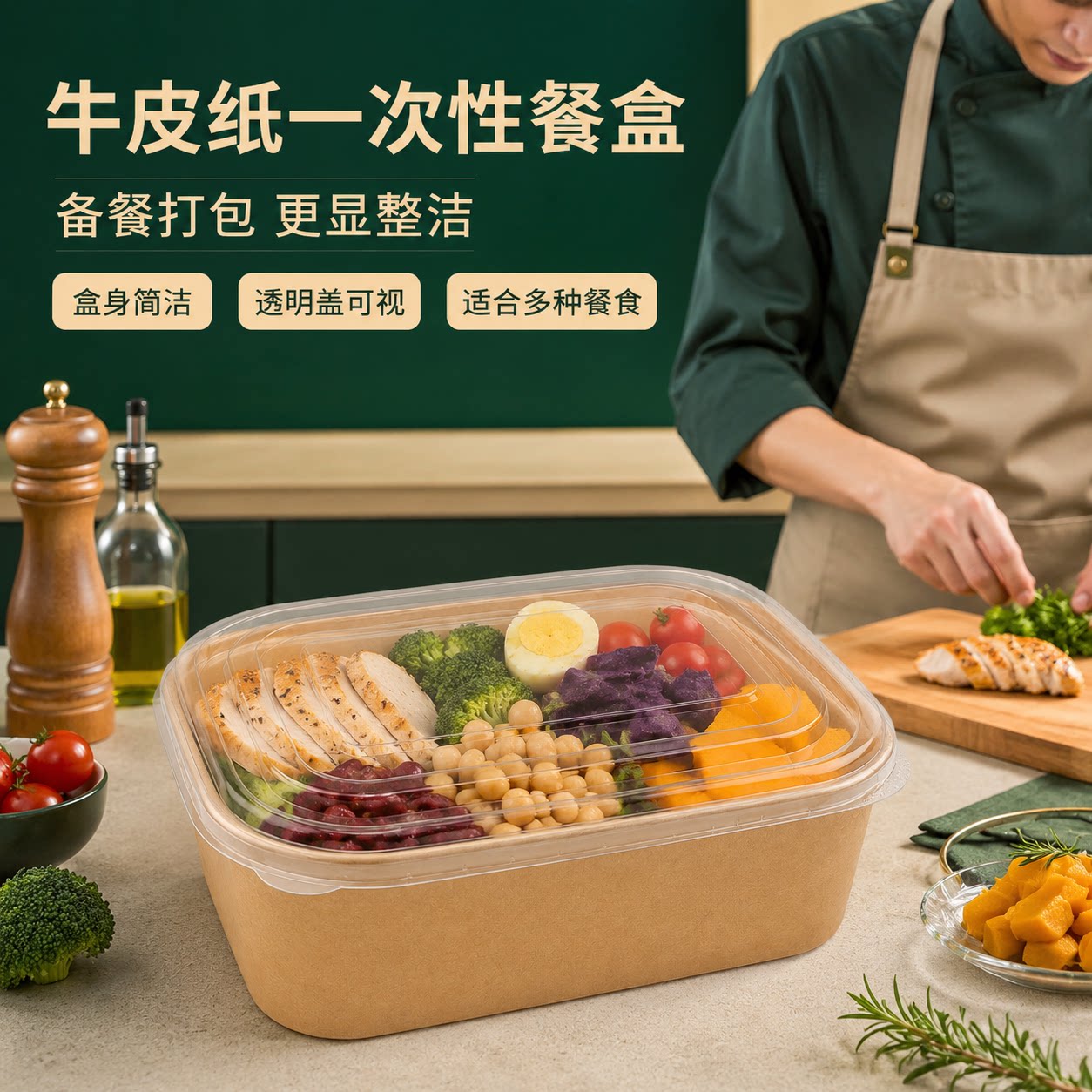 一次性餐盒牛皮纸饭盒水果沙拉轻食野餐快餐便当纸盒外卖打包盒