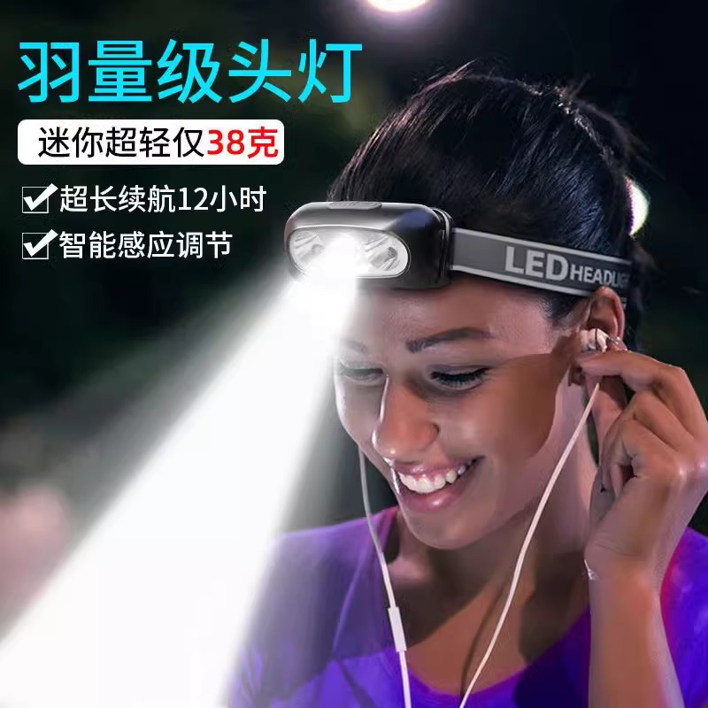LED头灯超亮可充电头戴式强光感应特亮手电筒小型便携式夜钓鱼灯