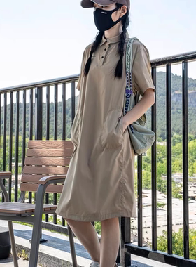 小众设计师冰感防晒速干户外机能翻领宽松运动中长短袖裙1098