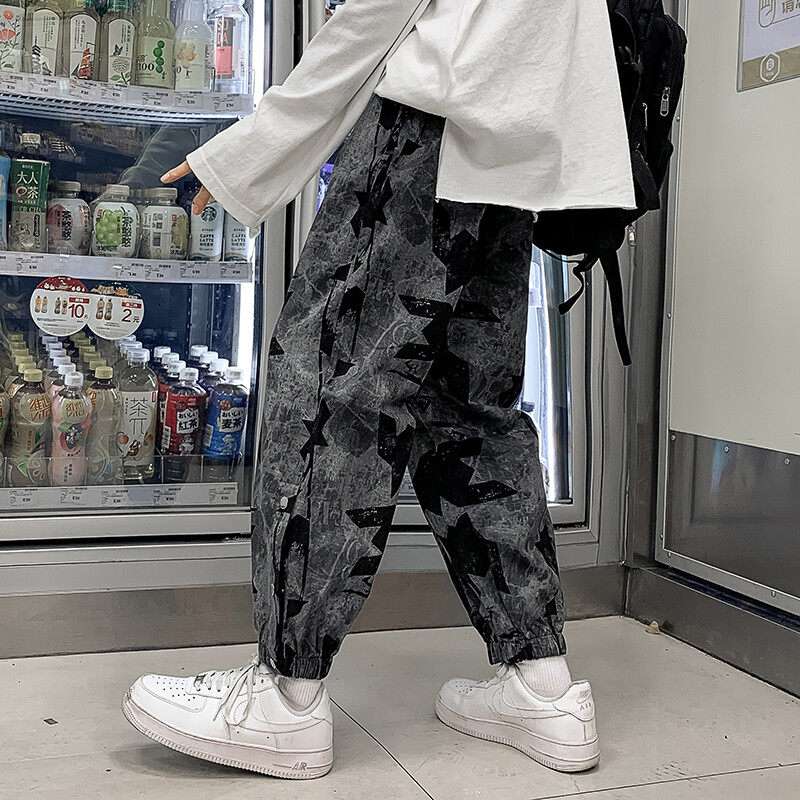2025春季男士休闲迷彩排扣束脚九分哈伦裤长裤文艺港风男装裤子潮