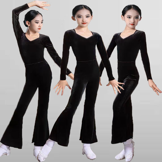 2025秋冬女儿童拉丁舞服新款长袖练功舞蹈演出服装丝绒拉丁喇叭裤
