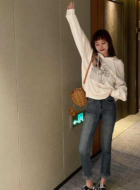 aijo蓝色牛仔裤女秋显瘦紧身2025新款毛边深色九分裤高腰铅笔裤子