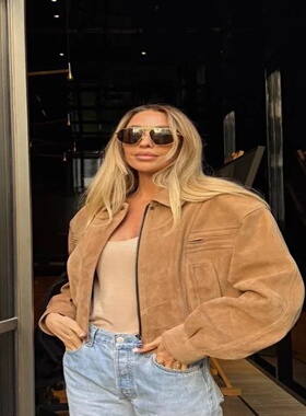 Fashion Brown Short Suede Jacket Women Chic Lapel Long Slee