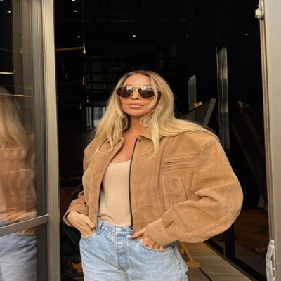 Fashion Brown Short Suede Jacket Women Chic Lapel Long Slee