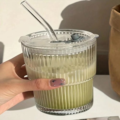 1/2PCS Stripe Glass Cup Transparent Glasses With Lid and St