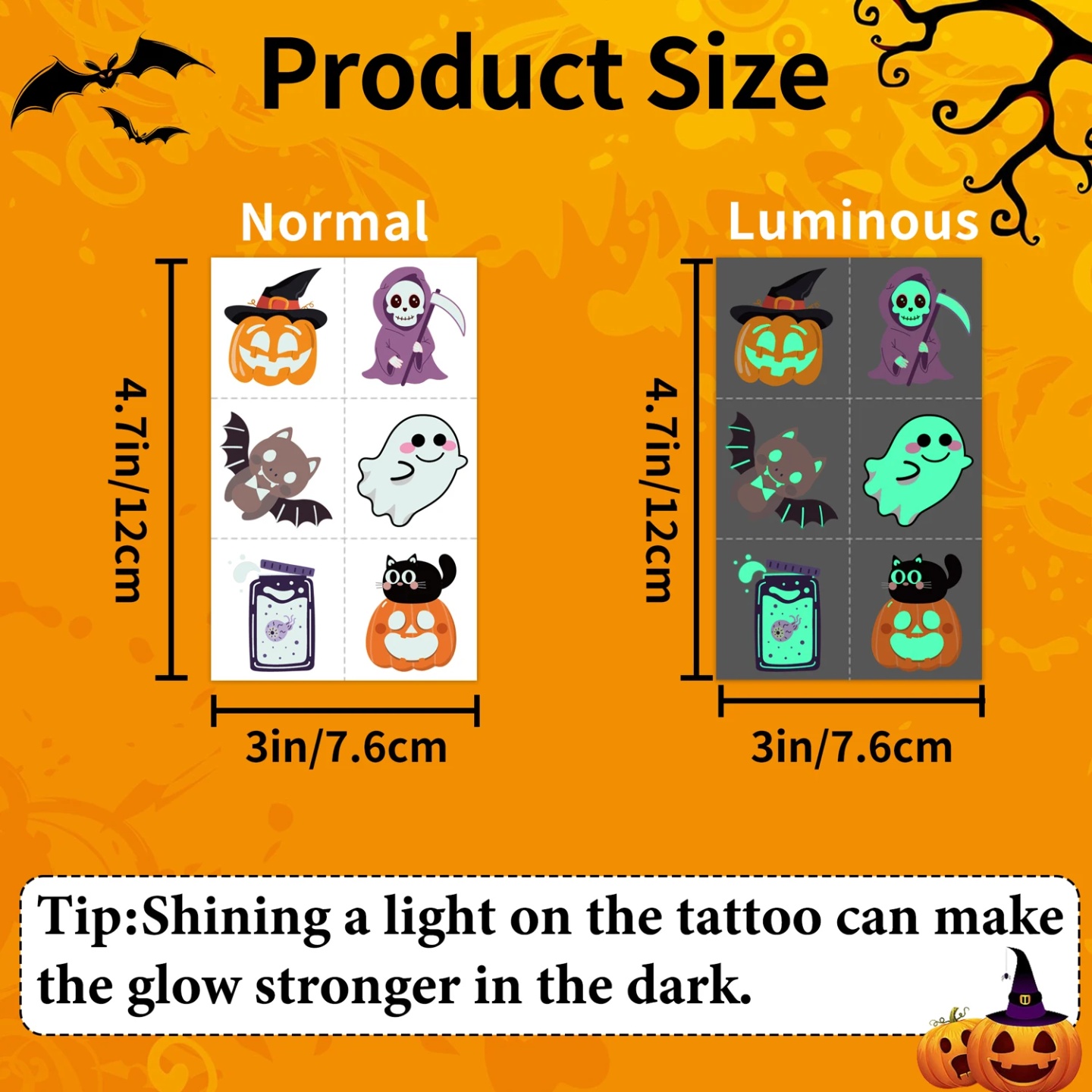 Glow-in-the-Dark Halloween Temporary Tattoos, with a variet