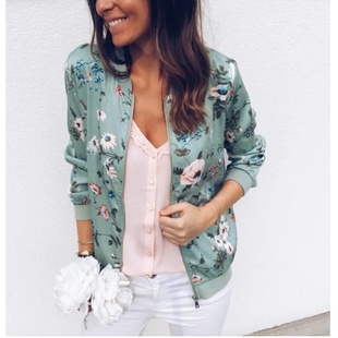 Women Elegant Zipper Bomber Jacket Spring Autumn Floral Pri