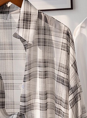 Sheer Chiffon Plaid Shirt for Women Ovesized Collared Butto