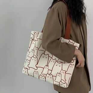 Canvas Bags Handbag for Women Shopper Cute Cat Tote Bag wit