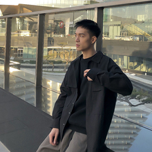 工装长袖黑色衬衫男港风日系工装衬衣男士潮流百搭痞帅外套套装