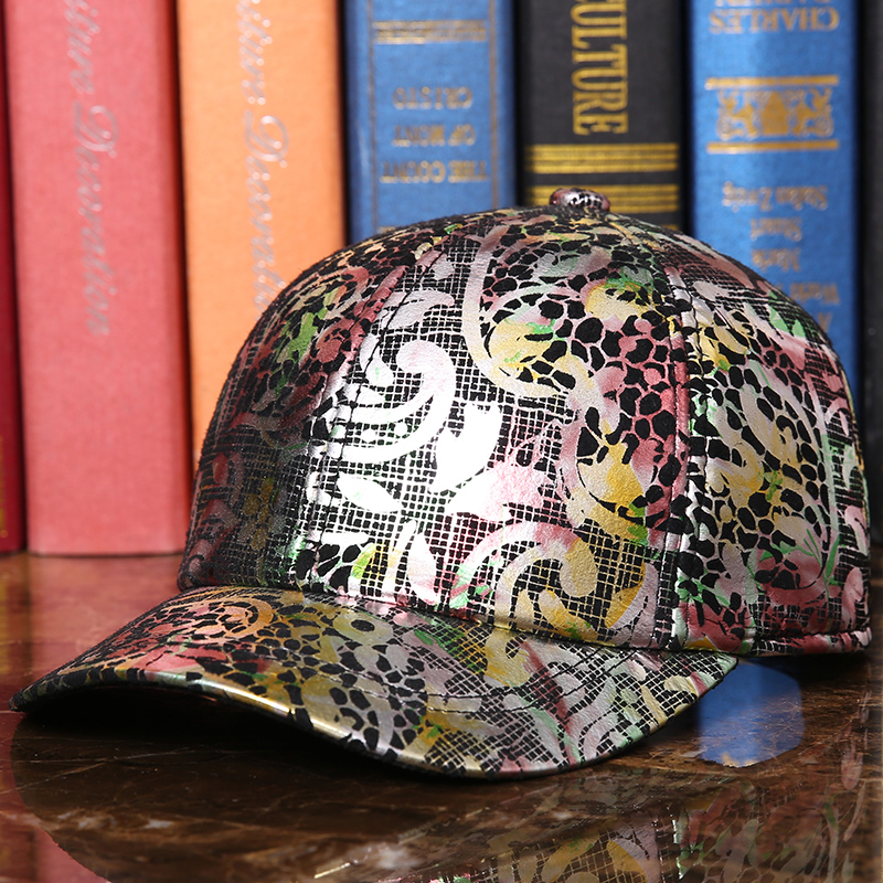 棒球帽女士秋冬季反绒皮印花皮帽子户外遮阳时尚真皮鸭舌帽子男士