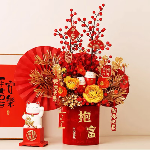 蛇年发财果年宵花DIY福桶DIY材料包元旦新年摆件礼品仿真花装饰品