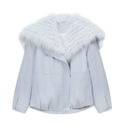 ME通勤狐狸毛领派克服女短款浅蓝色毛绒外套25DK6500