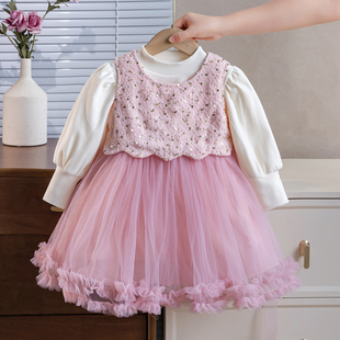女童加绒连衣裙秋冬新款女宝宝公主风礼服中小童粉色套装裙两件套