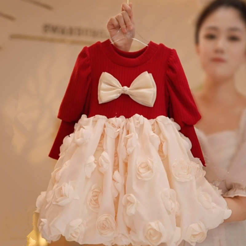 女宝宝冬季加绒花苞连衣裙2025新款女童洋气新年公主裙过年毛衣裙