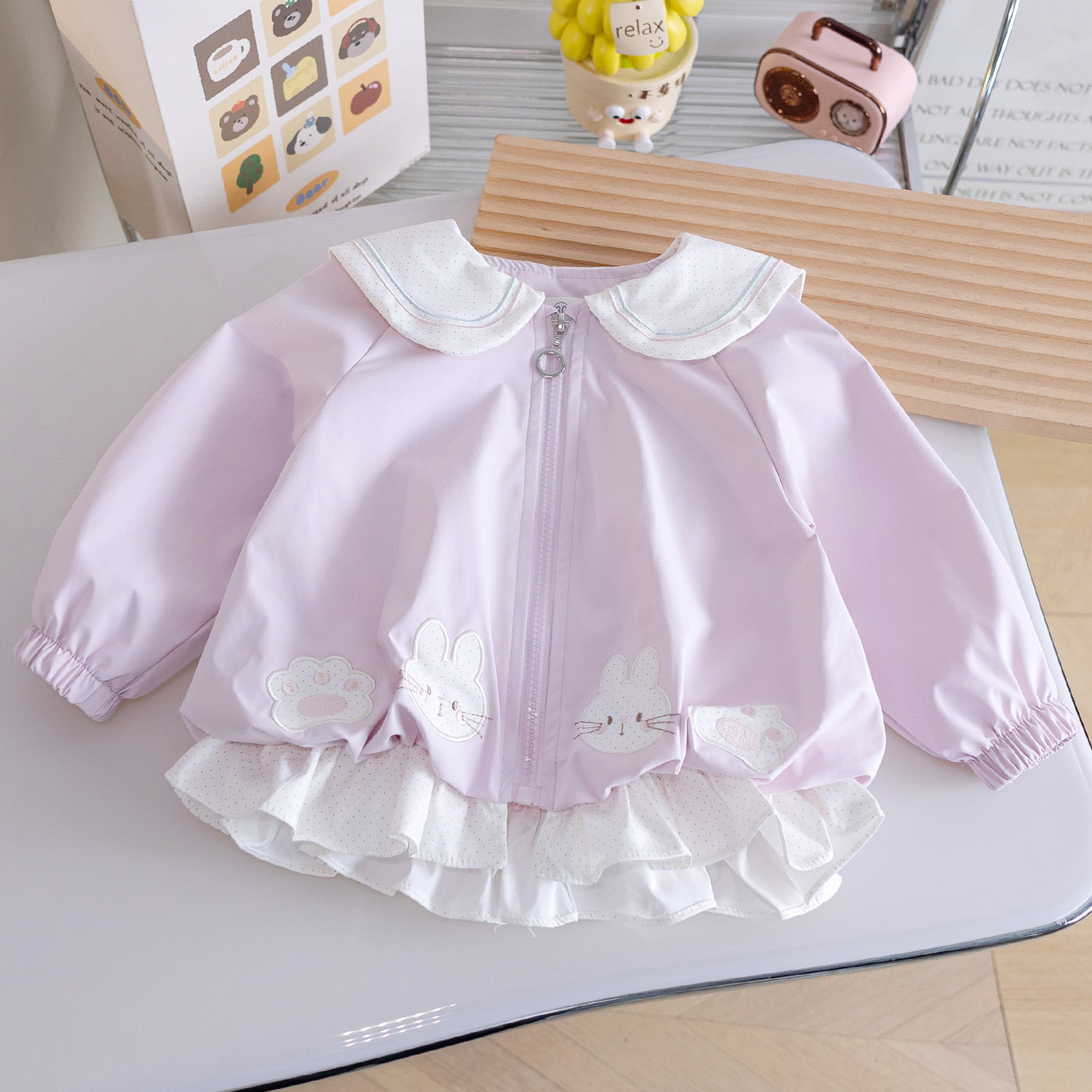 女童可爱卡通外套26春秋新款女宝宝洋气圆点花边上衣小兔贴布夹克