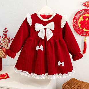 女童连衣裙秋冬加绒加厚儿童公主裙宝宝周岁礼服女孩红色过年衣服