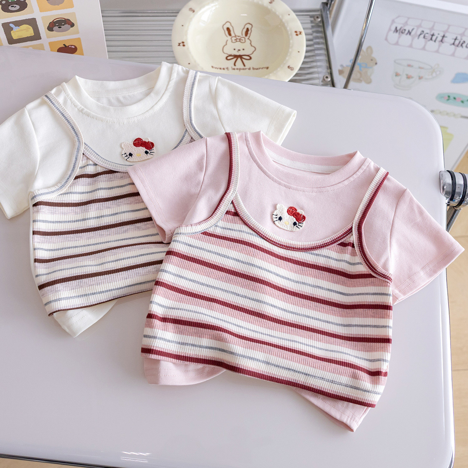 女童甜美卡通纯棉T恤26新款夏季时尚条纹假两件上衣女宝韩版短袖3