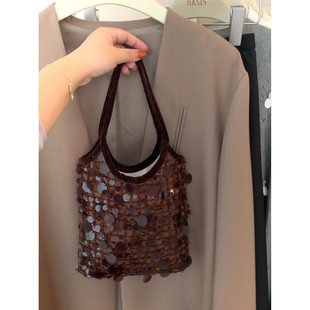 原创极简小众设计美拉德色系亮片包包百搭休闲优雅高气质手提包包