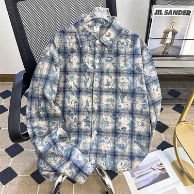 浅蓝色扎染工艺长袖格子衬衫男款美式复古潮牌休闲慵懒风衬衣外套