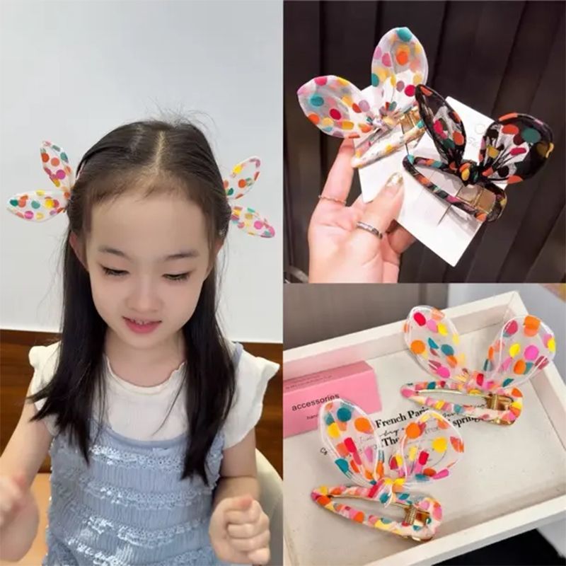 彩色波点兔耳发夹日韩国可爱刘海夹网纱少女侧边夹子耳朵碎发夹