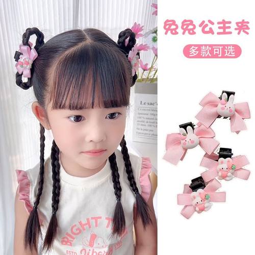 女童甜美丝带蝴蝶结兔兔抓夹儿童郁金香公主双面发夹布艺侧边夹