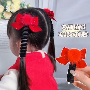女童大红喜庆毛球蝴蝶结丝绒电话线发圈简约泡泡辫卡通电话线发绳
