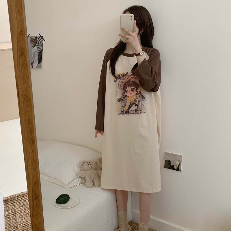 卡通可爱女孩纯棉长袖睡裙女秋季宽松休闲中长款睡衣可外穿家居服