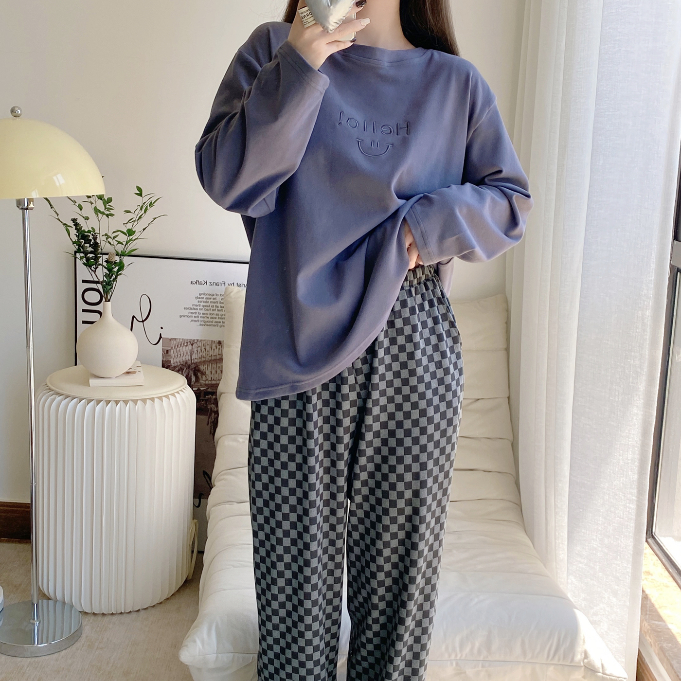 格子笑脸德绒睡衣女秋冬长袖长裤