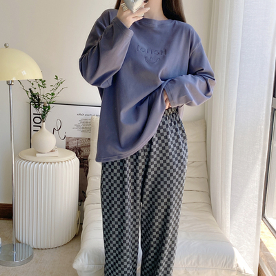 格子笑脸德绒睡衣女秋冬长袖长裤