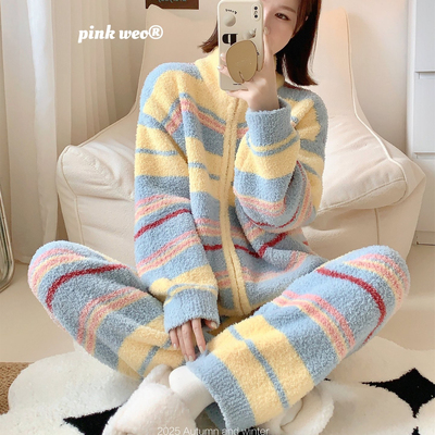 条纹软绵绵加厚睡衣女冬长袖套装