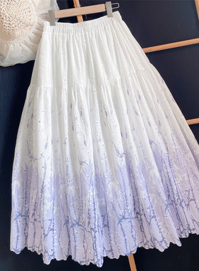 2026春夏新款90cm定制超长裙白底紫色刺绣半身裙女大摆a字裙气质